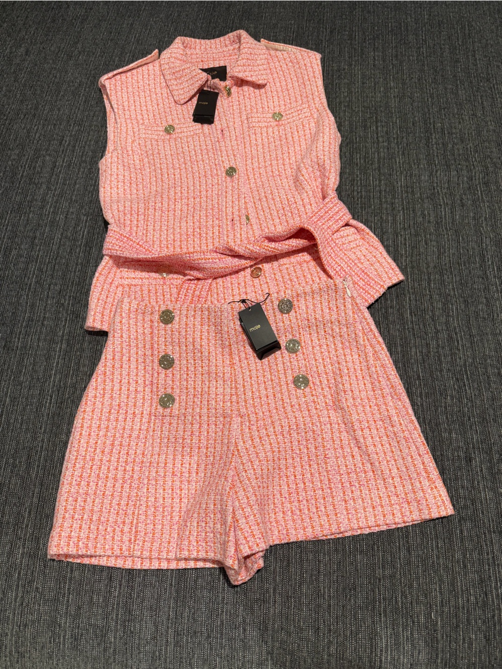 Pink Tweed Two-Piece Set with Gold Buttons